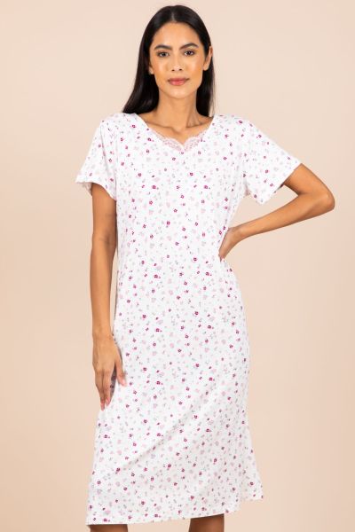Ladies White Ditsy Floral Lace Neck Nightdress