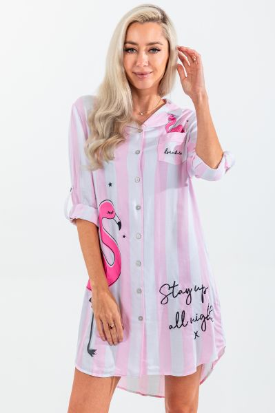 Ladies Pink & White Stripe Flamingo Button Through Night Shirt