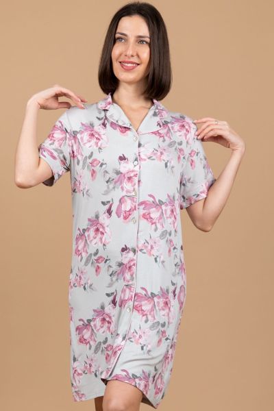 Ladies Light Khaki Floral Button Through Nightshirt