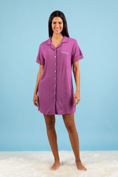 Ladies Plum Button Through Nightshirt With Lace