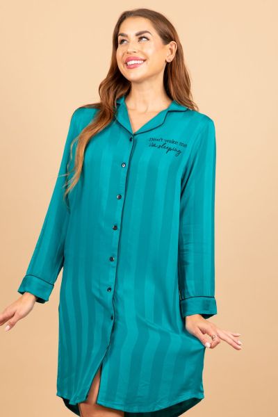 Ladies Green Jacquard Stripe Button Through Nightshirt