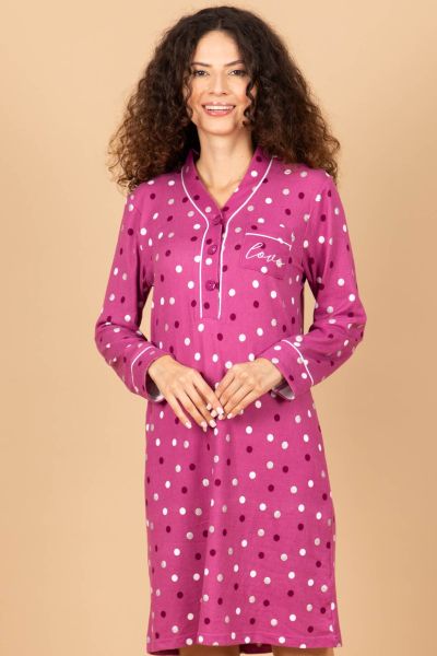 Ladies Burgandy Polka Button Through Nightshirt