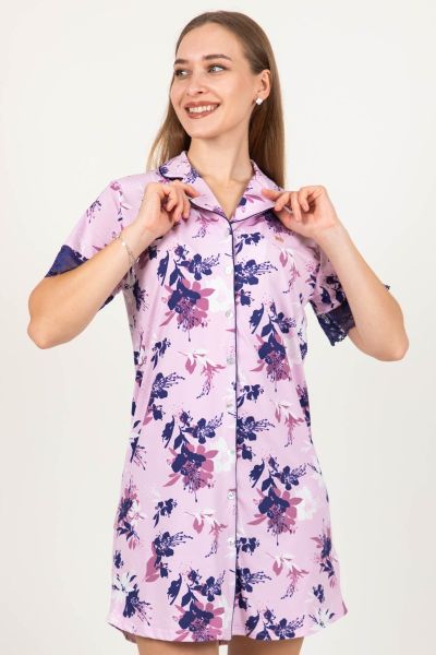 Ladies Lilac Floral Lace Button Through Nightshirt