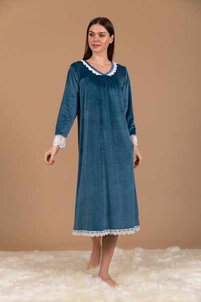 Ladies Teal Velour Lace Nightdress