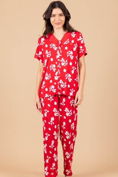 Ladies Red White Floral Lace Neck PJ