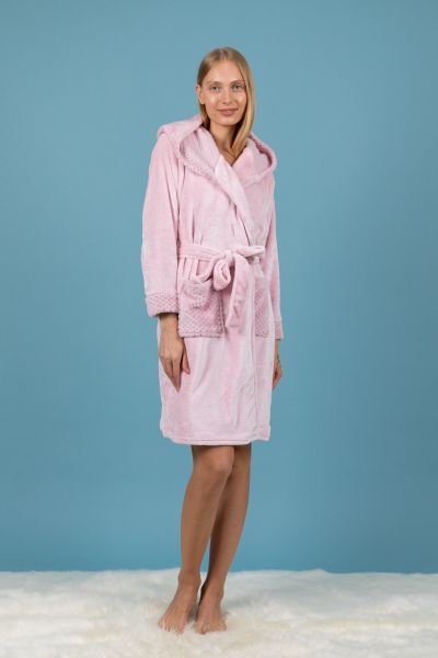 Ladies Pink Two Tone Fleece Waffle Trim Robe