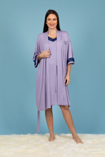 Ladies Dusky Lilac Robe With Contrast Lace
