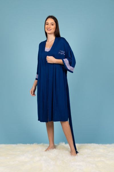 Ladies Navy Robe With Contrast Lace