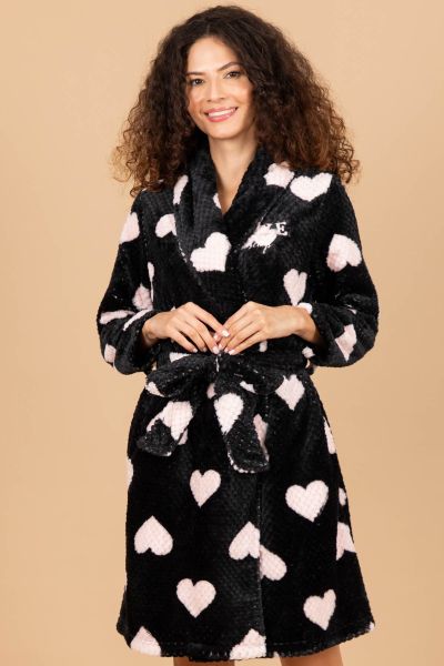 Ladies Black Pink Heart Fleece Robe