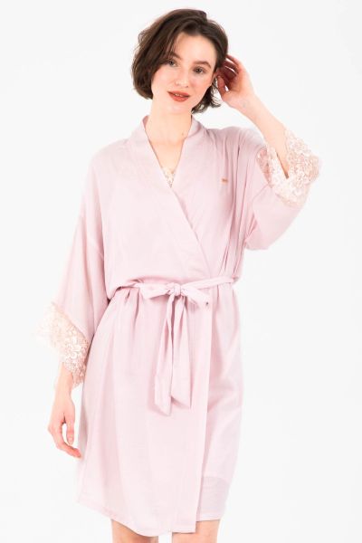 Ladies Pink Satin Gold Lurex Lace Robe