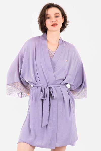 Ladies Purple Satin Gold Lurex Lace Robe