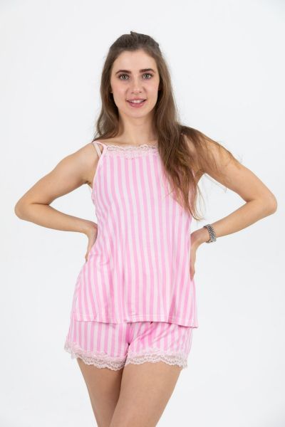 Ladies Pink Stripe Lace Cami Short Set