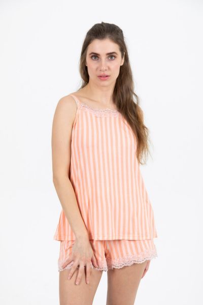 Ladies Peach Stripe Lace Cami Short Set