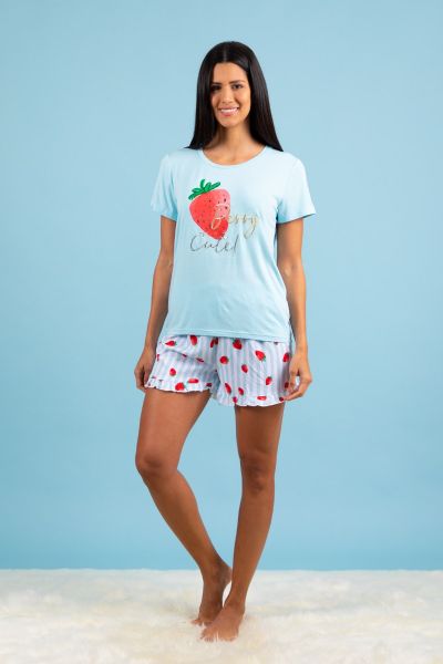 Ladies Blue Cute Stripe Strawberry Short Set
