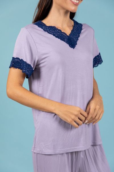 Ladies Dusky Lilac Top With Contrast Lace