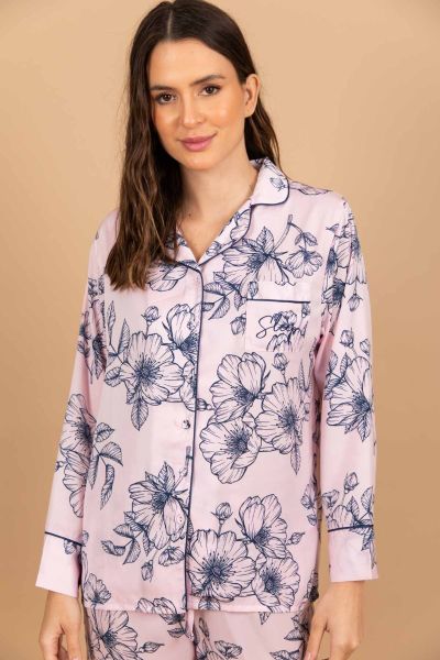 Ladies Pink Sketchy Floral Button Through Top