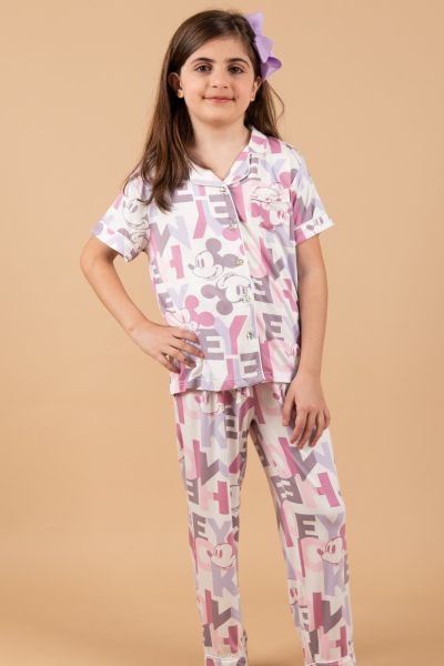 Girls White Pink Lilac Mickey Worded Button Through PJ