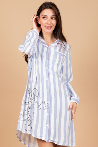 Ladies Blue & White Stripe Mickey Button Through Nightshirt