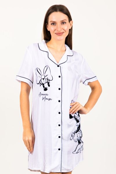 Ladies White Jacquard Stripe Minnie Button Through Nightshirt