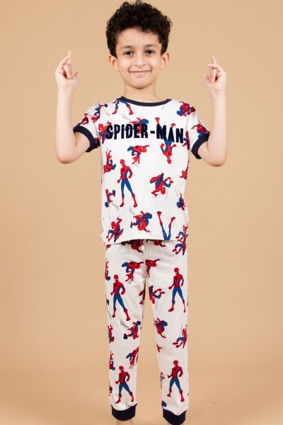 Boys White Spiderman Printed PJ