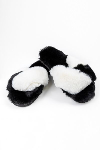 Ladies Black & White Twisted Fur Slipper