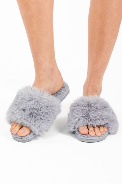 Ladies Grey Fur Slipper