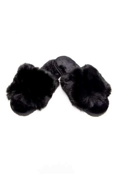 Ladies Black Fur Slipper