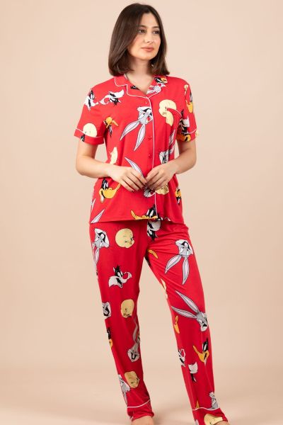 Ladies Red Looney Tunes Characters Button Through PJ
